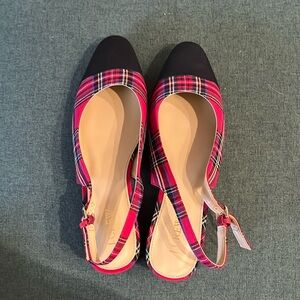 J. Crew Tartan Plaid Slingback Flats - Red and Black, Size 9.5, EUC